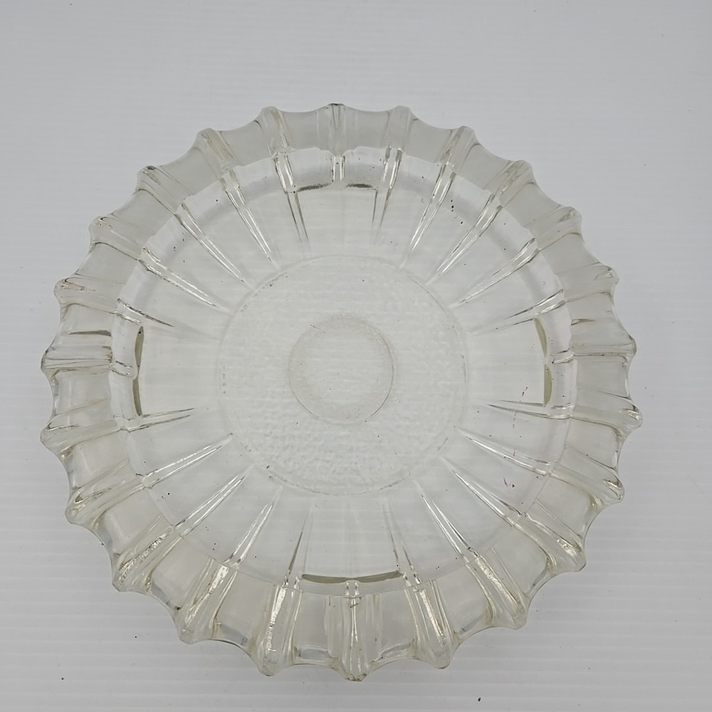 Vintage Crystal Glass Large Ash Tray 10 Inch Sunburst Ribbed Clear Made in USA